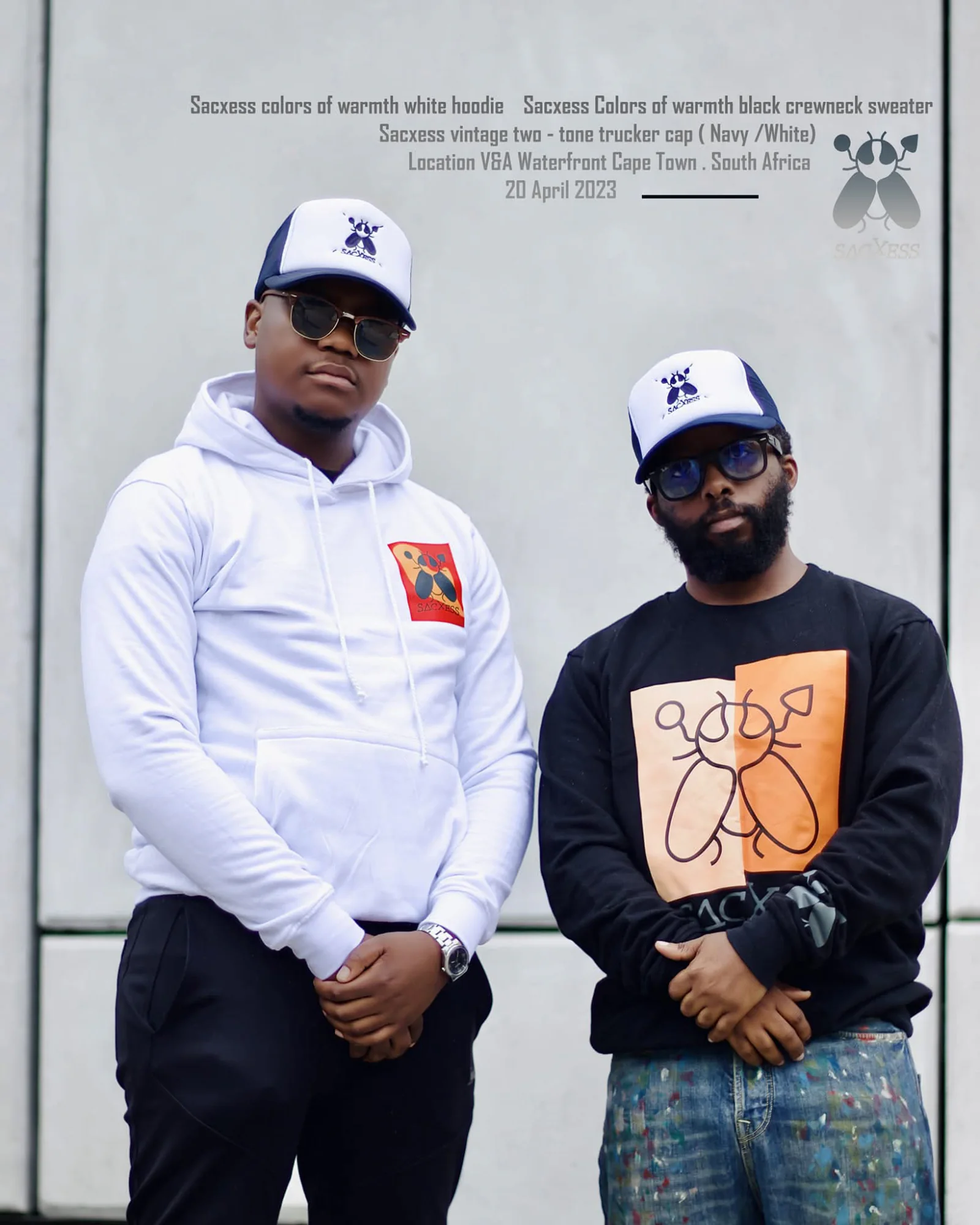 Archive campaign image: two men in SACXESS hoodie and sweatshirt, with the original campaign caption